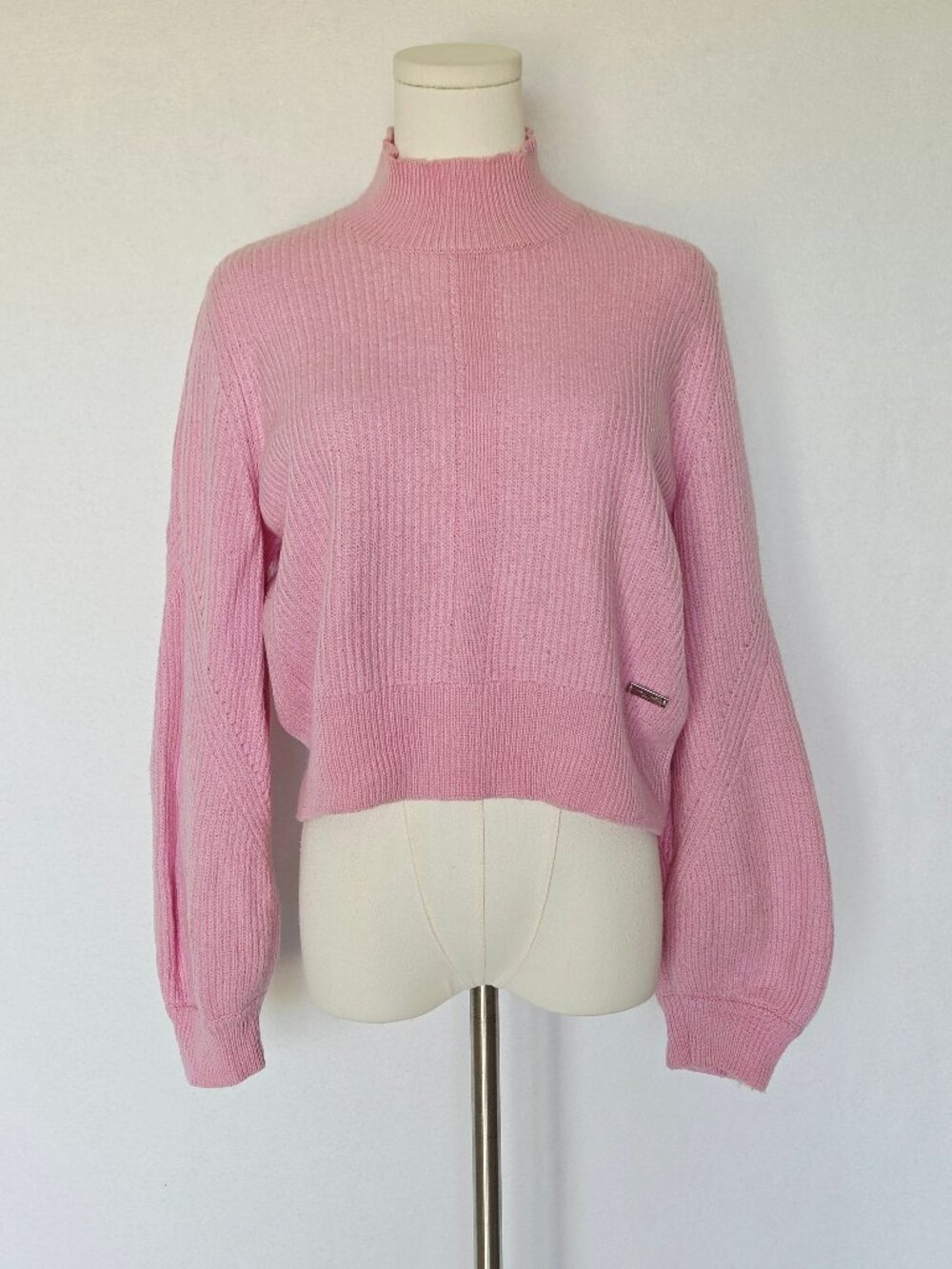 The Kooples Paris Merino Wool Mock Neck Cropped Sweater Balloon Sleeve Pink